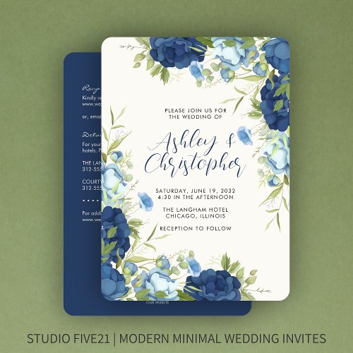 Elegant Blue Floral All_in_One Wedding Invitation