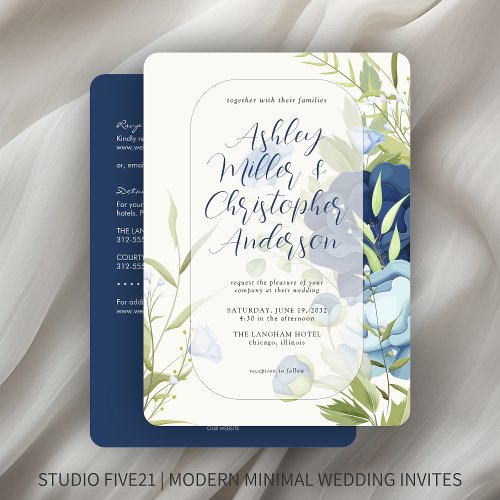 Elegant Blue Floral All_in_One Wedding Invitation