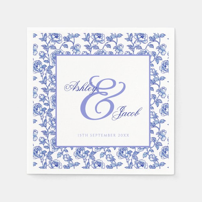 Elegant Blue Floral Ampersand Wedding Invitation Napkins (Front)