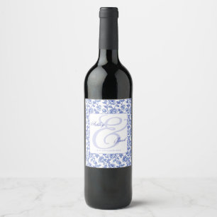 Elegant Blue Floral Ampersand Wedding Wine Label