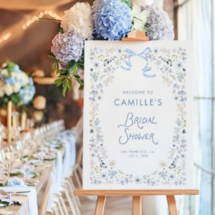 Elegant Blue Floral and Bow Bridal Shower Welcome  Foam Board