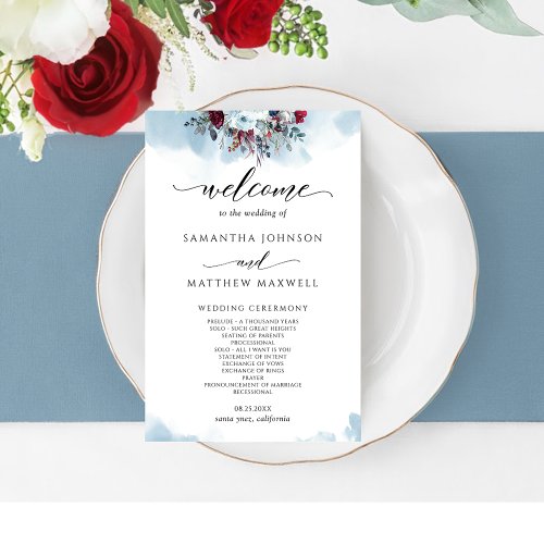 Elegant Blue Floral and Burgundy Wedding Program