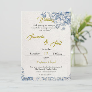 Elegant Blue Floral and Gold Wedding Invitation