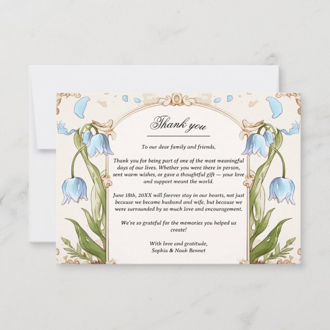 Elegant Blue Floral and Gold Wedding Thank you (Front)