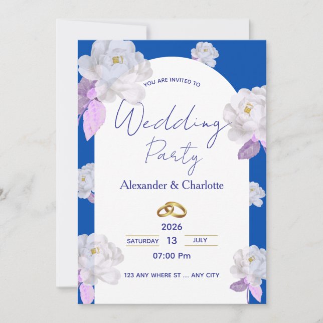 Elegant Blue Floral Arch Wedding Invitation (Front)