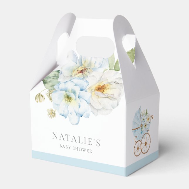 Elegant Blue Floral Baby Boy Shower Favor Box (Front Side)
