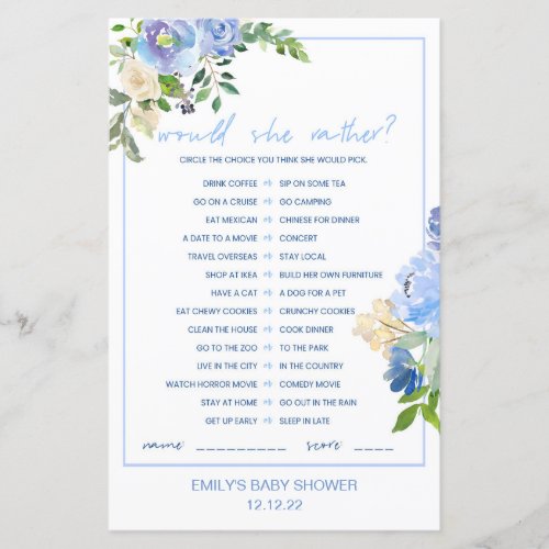 Elegant Blue Floral Baby Shower Game Printed