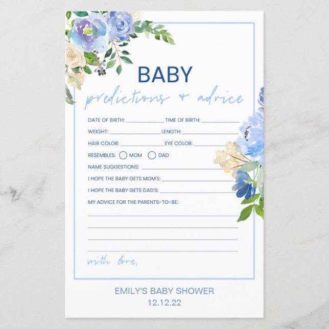Elegant Blue Floral Baby Shower Game Printed, Boy  (Front)