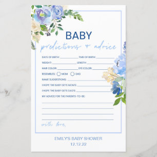 Elegant Blue Floral Baby Shower Game Printed, Boy 