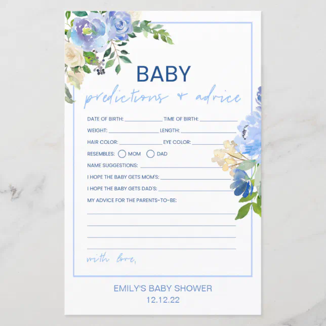 Elegant Blue Floral Baby Shower Game Printed, Boy Zazzle