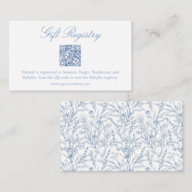 Elegant Blue Floral Baby Shower Gift QR Registry Enclosure Card (Front/Back)