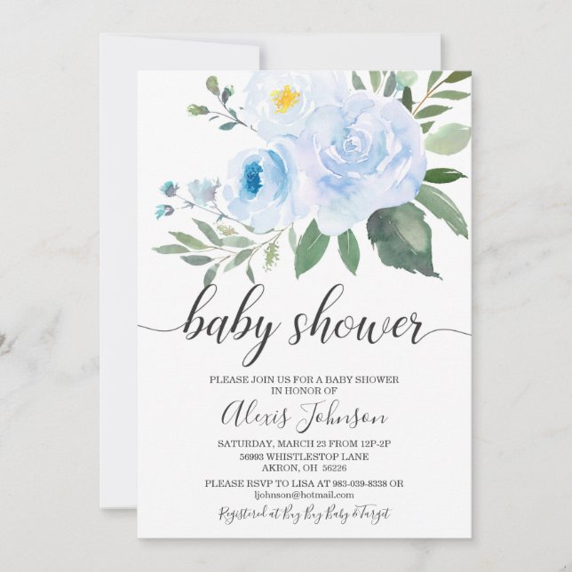 Elegant Blue Floral Baby Shower Invitation (Front)