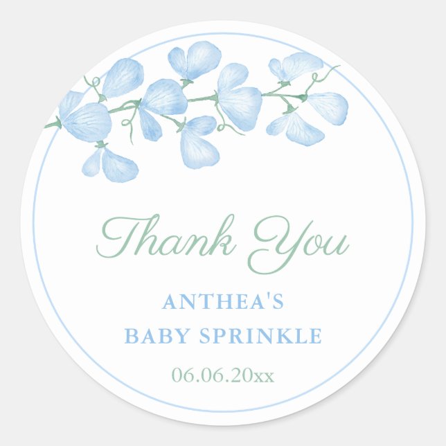 Elegant Blue Floral Baby Shower Thank You Favor Classic Round Sticker (Front)