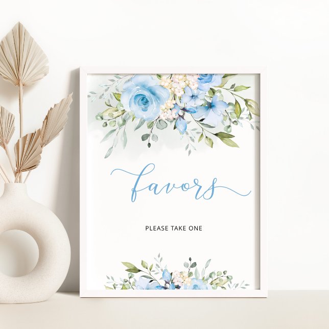 Elegant blue floral baptism favors pedestal sign (Creator Uploaded)