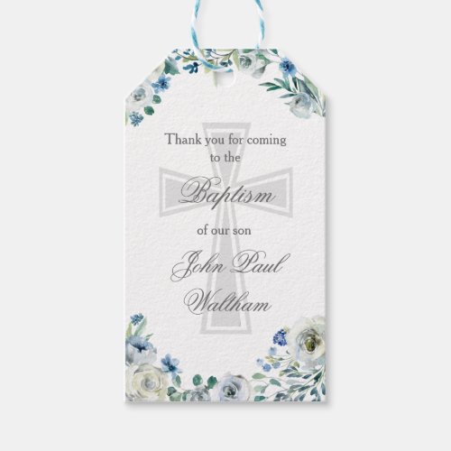 Elegant Blue Floral Baptism Religious Cross Gift Tags