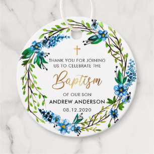 Elegant Blue Floral Baptism Thank You Favor Tags
