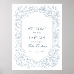 Elegant Blue Floral Baptism Welcome Poster