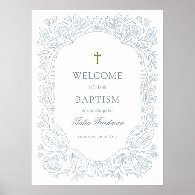 Elegant Blue Floral Baptism Welcome Poster (Front)