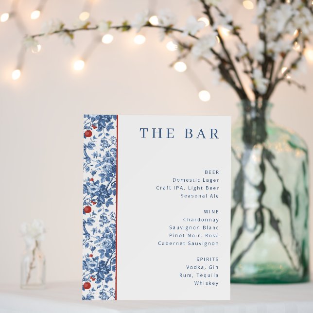 Elegant Blue Floral Bar Menu Foam Board (In Situ (Wedding))