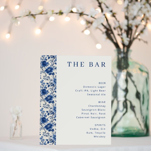 Elegant Blue Floral Bar Menu Foam Board (In Situ (Wedding))