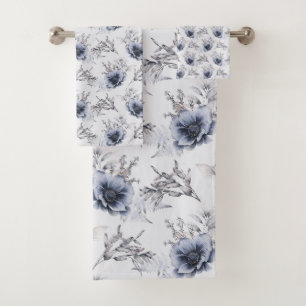 Elegant Blue Floral Bath Towel Set