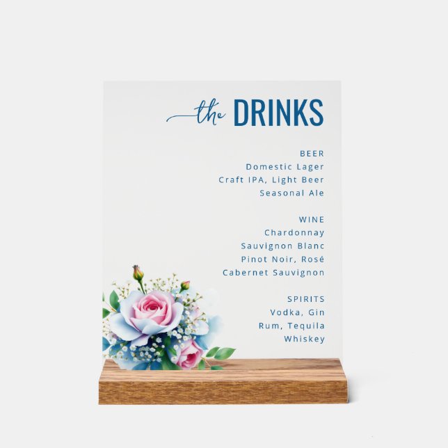 Elegant Blue Floral Beverage Menu Acrylic Sign (Front)