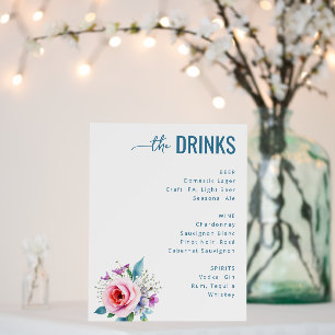 Elegant Blue Floral Beverage Menu Foam Board