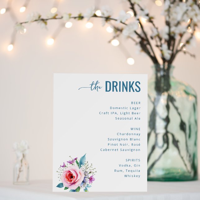 Elegant Blue Floral Beverage Menu Foam Board (In Situ (Wedding))