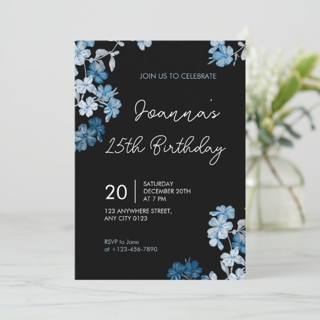 Elegant Blue Floral Birthday Party Invitation (Standing Front)