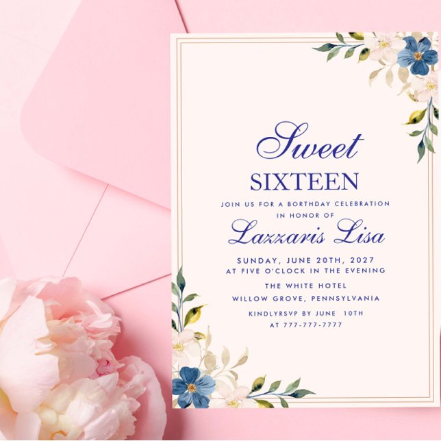 Elegant Blue Floral Birthday Party Sweet Sixteen Invitation (Creator Uploaded)