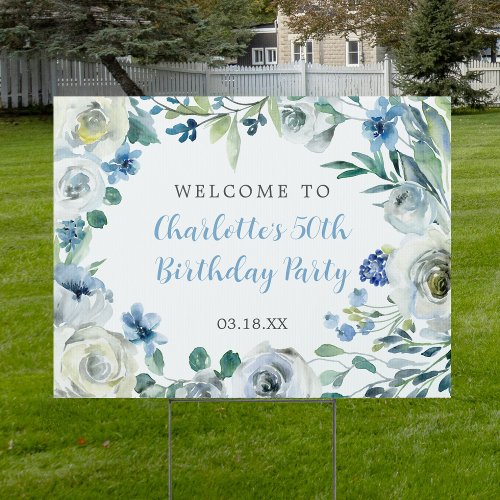 Elegant Blue Floral Birthday Party Welcome Yard Sign