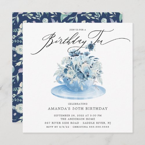 Elegant Blue Floral Birthday Tea Invitation