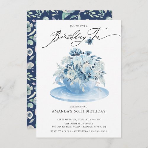 Elegant Blue Floral Birthday Tea Invitation