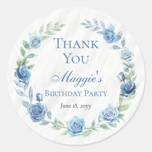 Elegant Blue Floral Birthday Thank You Classic Round Sticker