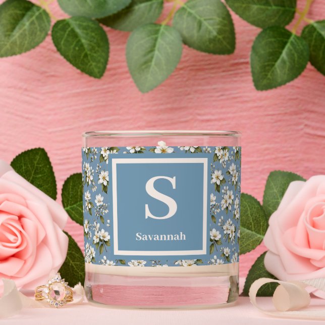 Elegant Blue Floral Blossom Monogram  Scented Candle (Wedding)