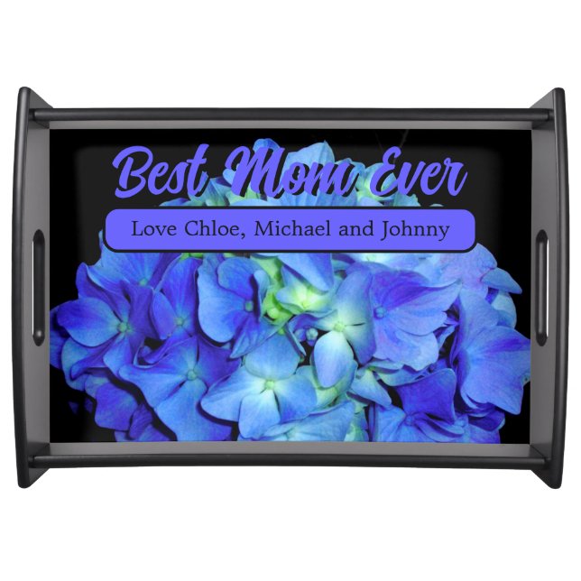 Elegant blue floral blue roses blue hydrangeas  serving tray (Front)
