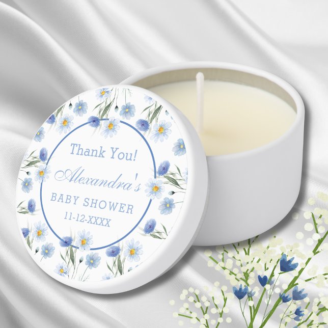 Elegant Blue Floral Boho Baby Shower Thank You Mini Candle Favors (Creator Uploaded)