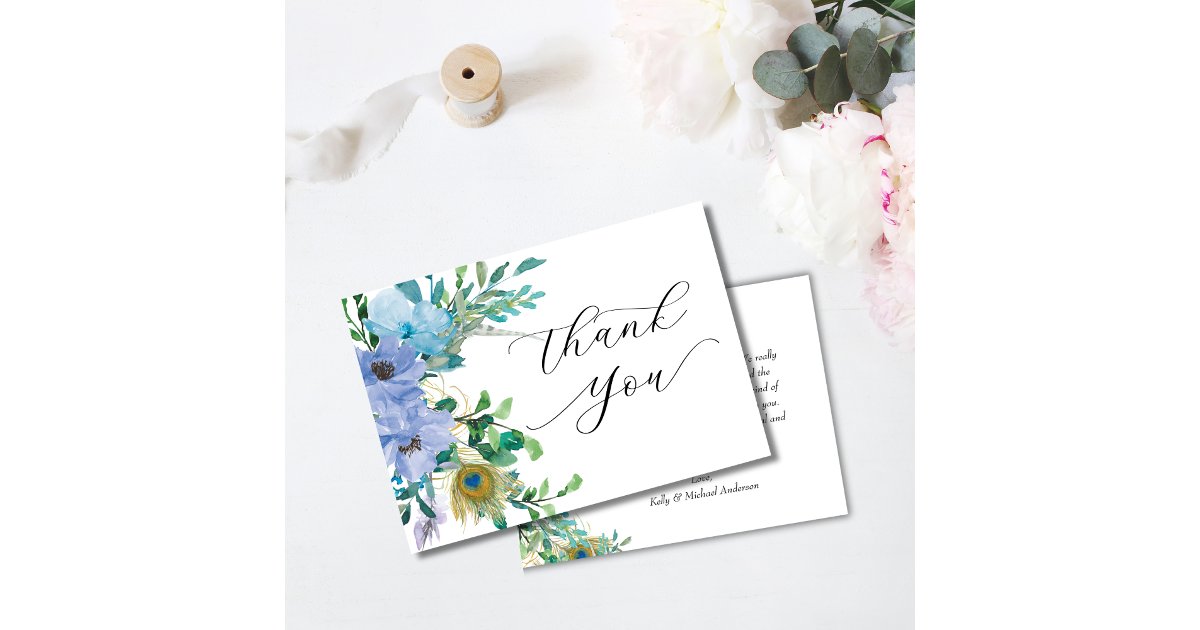 Elegant Blue Floral Boho Wedding Thank You Card | Zazzle