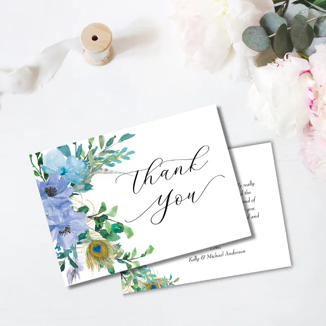 Elegant Blue Floral Boho Wedding Thank You Card | Zazzle