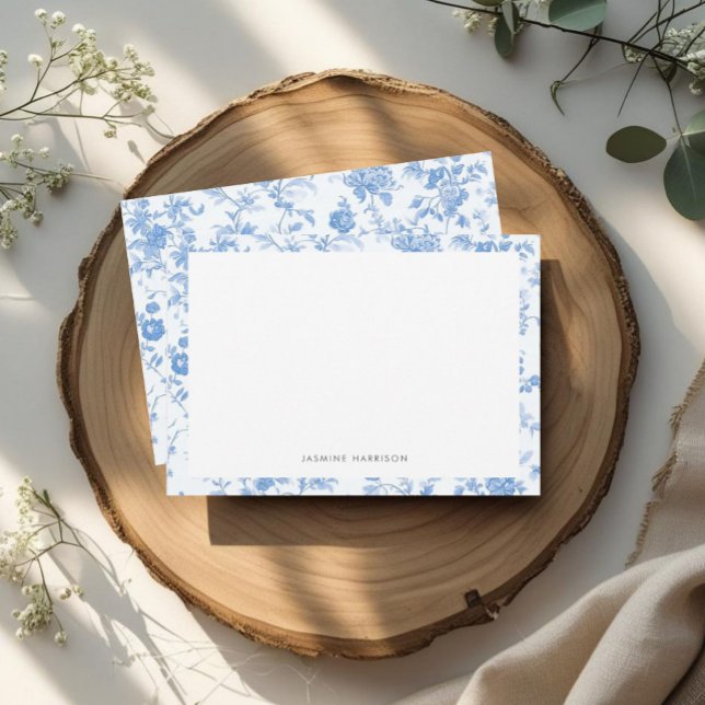 Elegant Blue Floral Border French Toile de Jouy Note Card (Creator Uploaded)