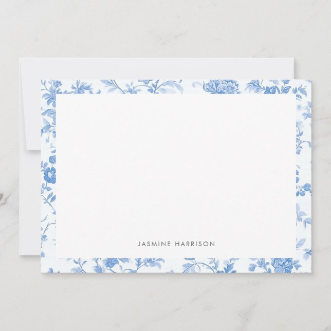 Elegant Blue Floral Border French Toile de Jouy Note Card (Front)