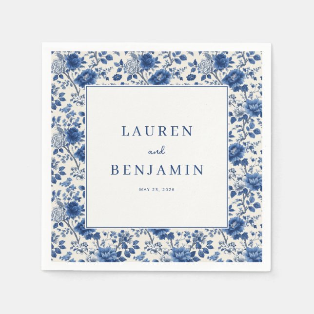 Elegant Blue Floral Border Napkins (Front)