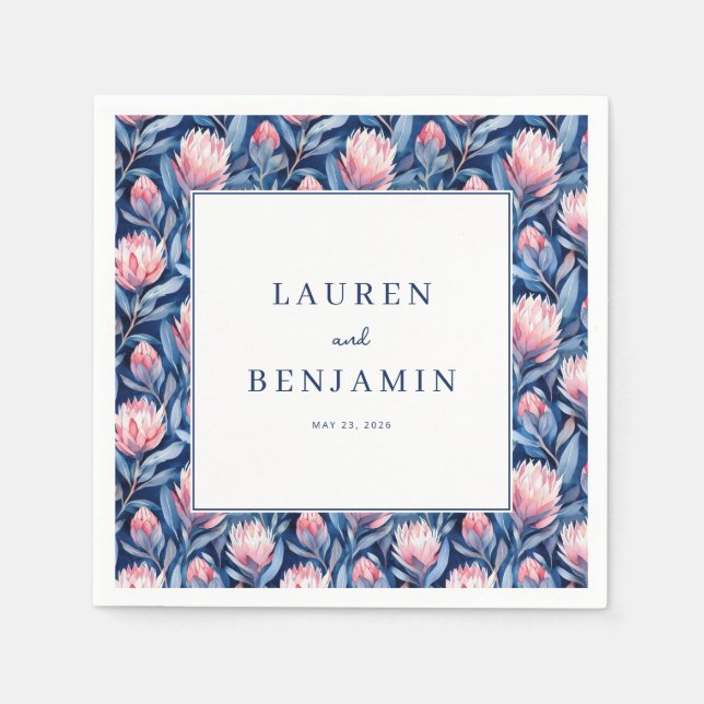 Elegant Blue Floral Border Napkins (Front)