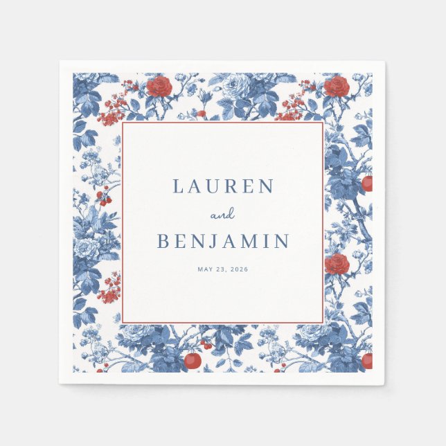 Elegant Blue Floral Border Napkins (Front)