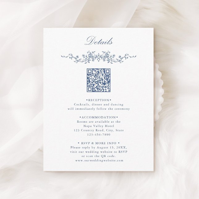 Elegant Blue Floral Border QR Code Wedding Details Enclosure Card (Creator Uploaded)