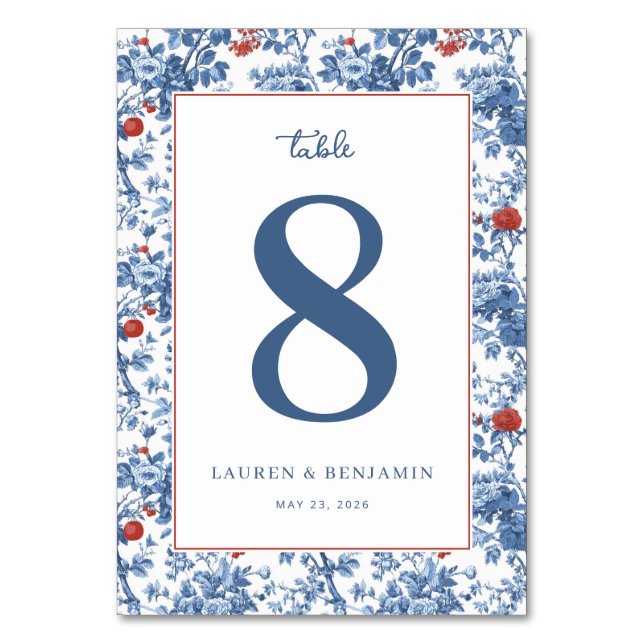 Elegant Blue Floral Border Table Number (Front)