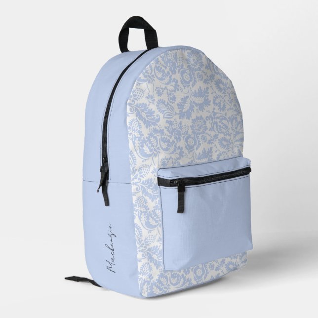 Elegant Blue Floral Botanical Name Printed Backpack (Back Corner Left)