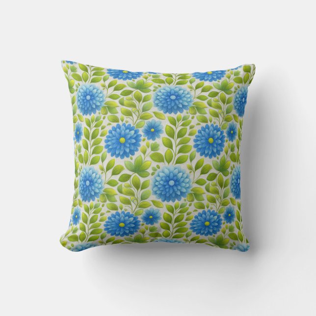 Elegant Blue Floral Botanical Pattern Throw Pillow (Front)