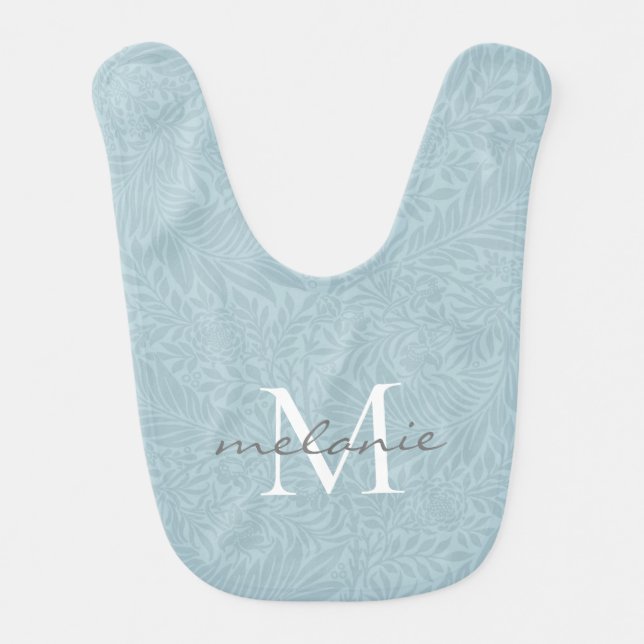 Elegant Blue Floral Botanical Script Monogram Baby Bib (Front)
