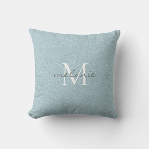 Elegant Blue Floral Botanical Script Monogram Throw Pillow